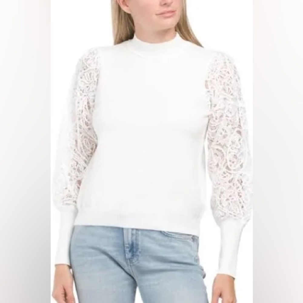 Nanette Lapore | Soutache Lace Sleeve Mock Neck Sweater | White | XS 🕗